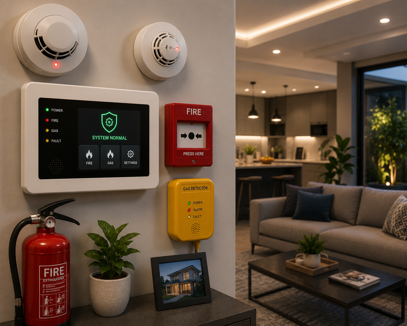 Smoke detector and gas leak sensor mounted in a home kitchen ceiling